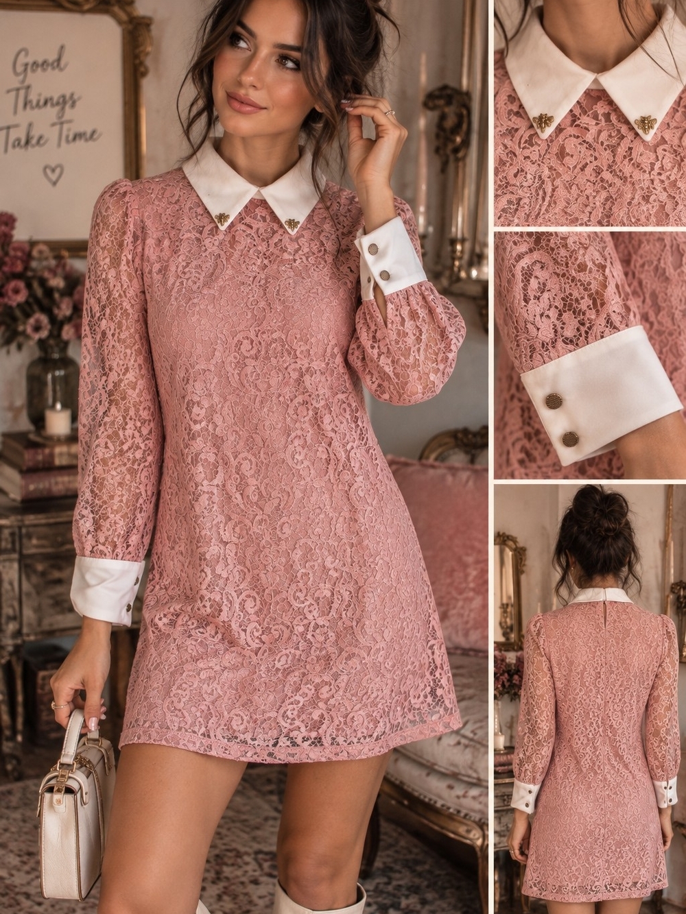 Sister Jane Pink Lace Mini Dress with White Contrast Collar & Cuffs